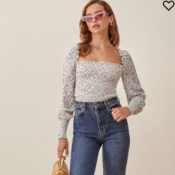 Reformation Pinto Top White Blue Blouse Long Sleeve Floral Size S - Picture 1 of 8